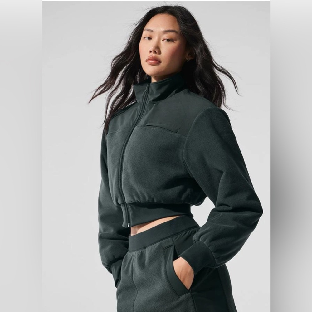 Alo Yoga Polar Fleece Cropped Wintry Mix Jacket (Charcoal Green) - Picture 2 of 7